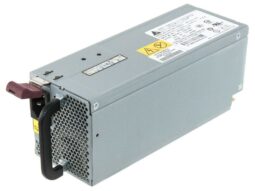 Fuente de alimentación HP de 430W, vista lateral, con etiquetas y advertencias visibles.