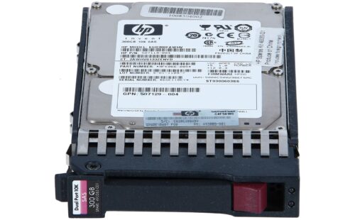 Disco duro HP 300GB SAS 10K 2.5" en carcasa metálica con etiqueta de especificaciones.