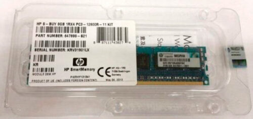 Módulo de memoria de servidor HP de 8GB en embalaje plástico, con etiqueta detallada.