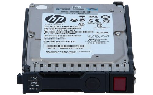 Disco duro HP HDD 146GB SAS 15K 2.5 pulgadas, vista superior con etiquetas detalladas.