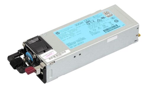 Fuente de alimentación HP de 500W, color plata con etiquetas de especificaciones.