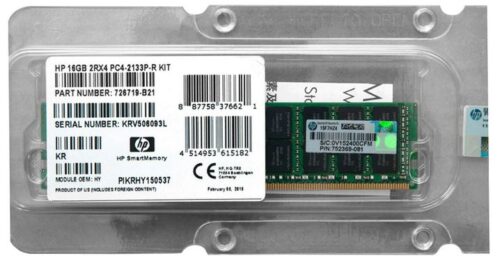 Módulo de memoria RAM HP de 16GB 2Rx4 PC4-2133P con etiquetas detalladas en un fondo gris.