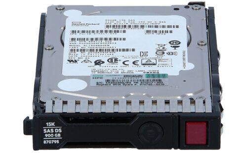 Disco duro HP de 900GB, 15k RPM SAS 12Gbps, vista superior con etiquetas detalladas.