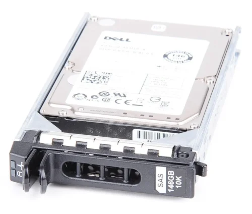 Disco duro DELL HP 146GB SAS 6GB 10K 2.5" en vista inclinada sobre fondo blanco.