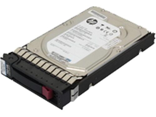 Disco duro HP 750GB, 7.2K DP SAS en compartimento negro y gris con etiqueta detallada.
