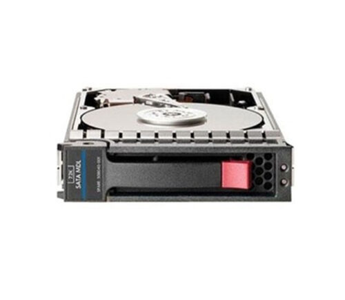 Disco duro HP 4TB SATA G8 con diseño robusto y detalles en azul y rojo, ideal para servidores.