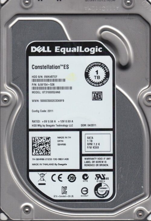 Disco duro DELL EqualLogic de 1TB, vista frontal que muestra etiquetas con especificaciones técnicas.