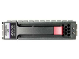 Disco duro HP de 450 GB, vista frontal con etiqueta morada y detalle rojo.