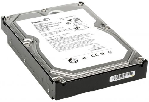Disco duro Seagate HDD de 1TB, SATA 2, 7200 RPM, formato 3.5 pulgadas, vista superior.