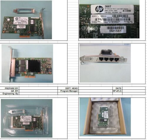 Vista múltiple de la tarjeta de red HP modelo 366T, incluyendo diferentes ángulos y el empaque.