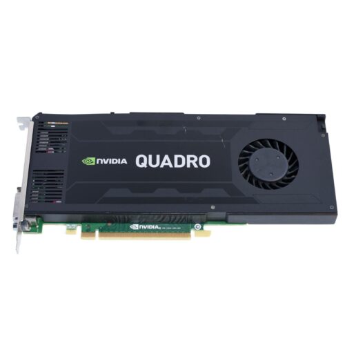 Tarjeta gráfica NVIDIA Quadro K4200, vista lateral mostrando el ventilador y conexiones PCIe.