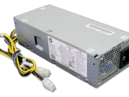 Fuente de poder HP 250W SFF Desktop con cables conectores visibles, diseño rectangular en color gris y rejilla de ventilación.